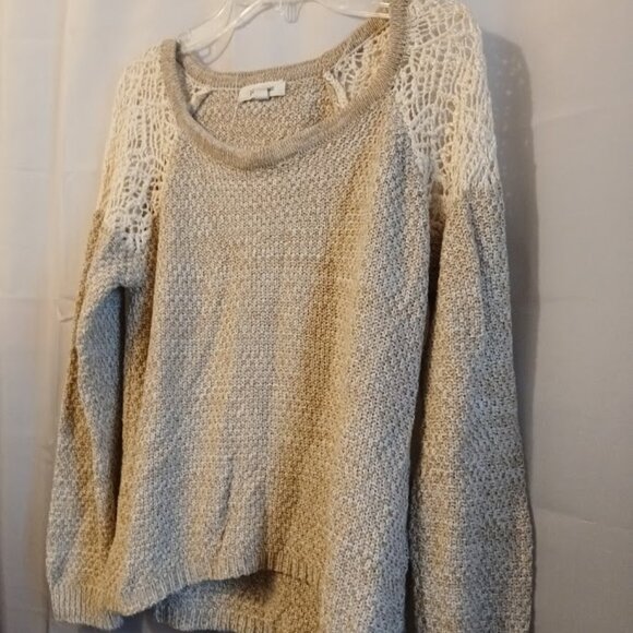 PINK ROSE Crochet Scoop neck Sweater Top S Oatmeal Beige Lace inset shoulder - Picture 4 of 8